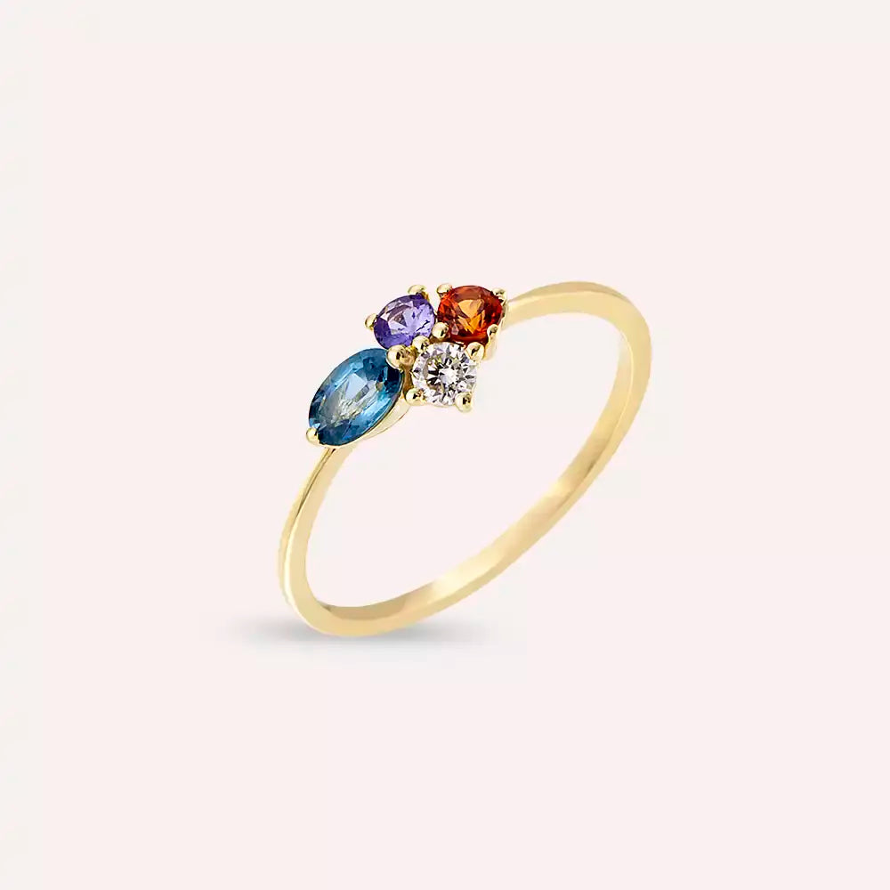 0.62 CT Multicolor Safir ve Pırlanta Taşlı Sarı Altın Yüzük