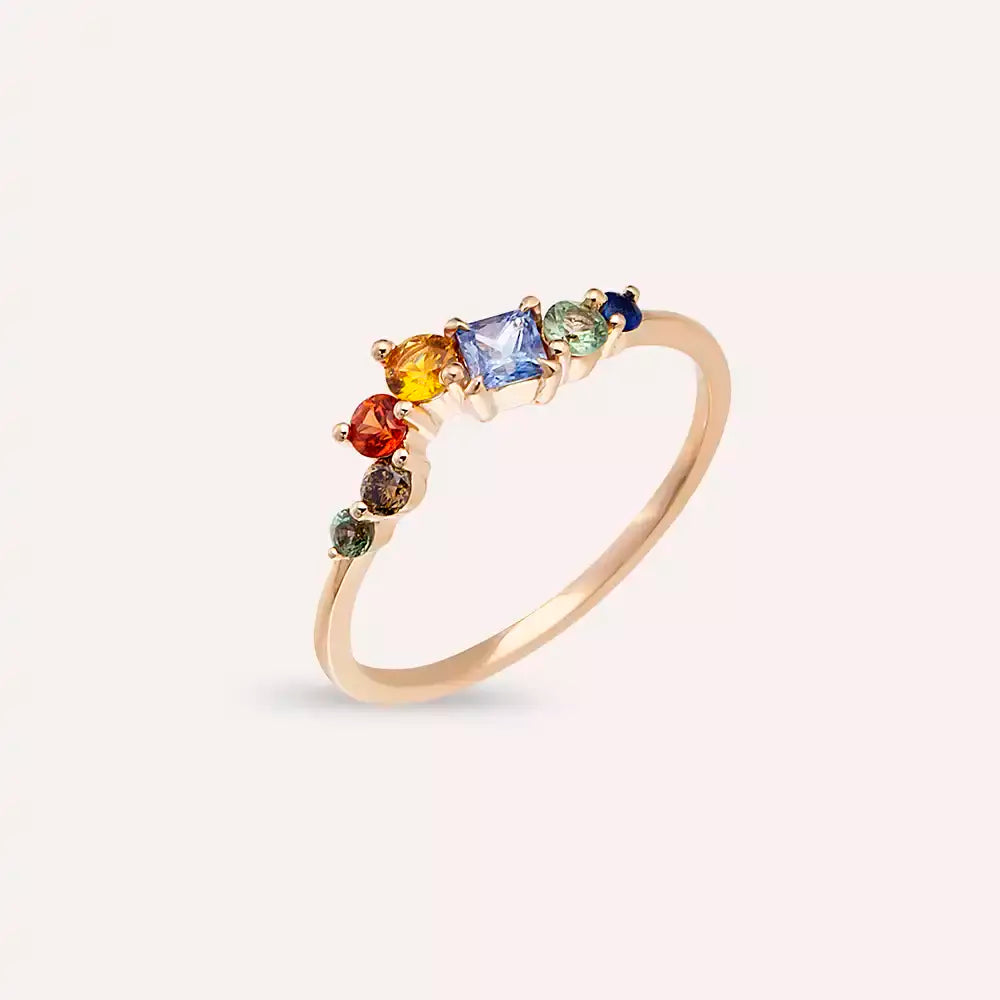Violet 0.64 CT Brown Pırlanta ve Multicolor Safir Taşlı Rose Altın Yüzük