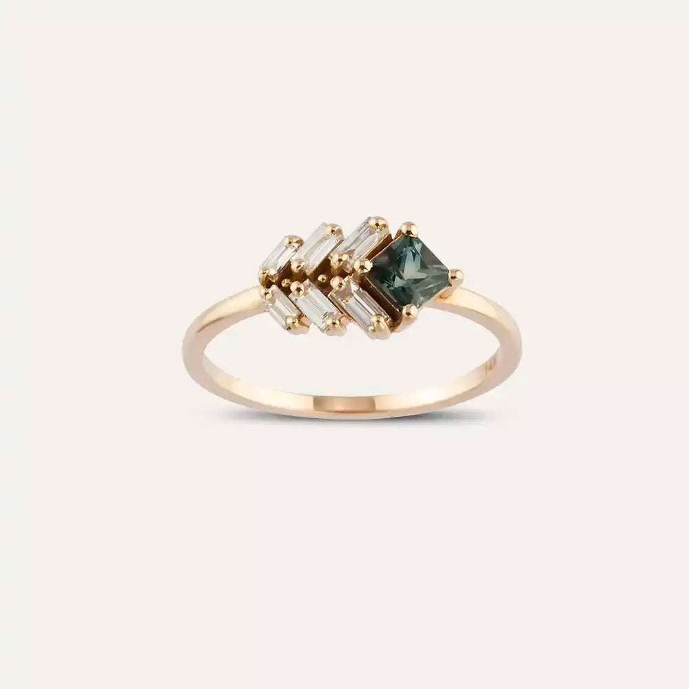 0.68 CT Green Safir ve Baget Pırlanta Taşlı Rose Altın Yüzük