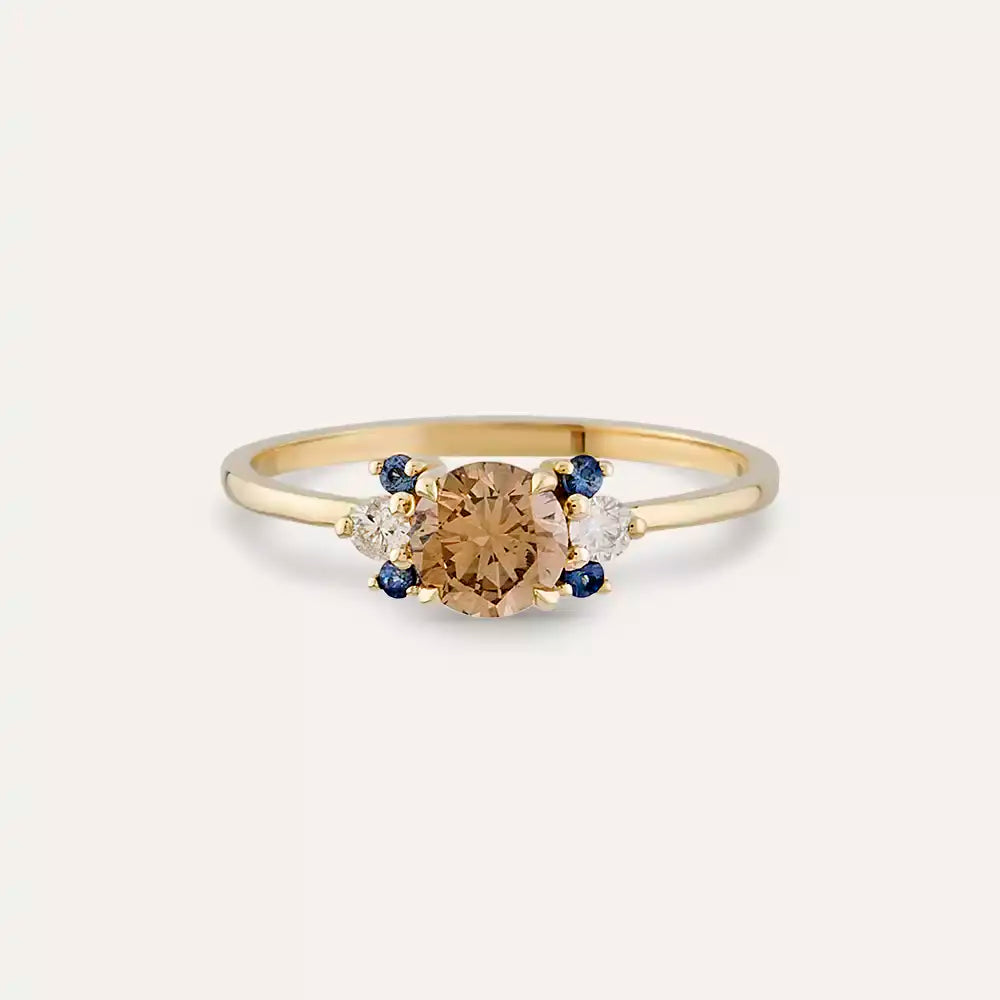 0.69 CT Multicolor Safir ve Brown Pırlanta Taşlı Sarı Altın Yüzük