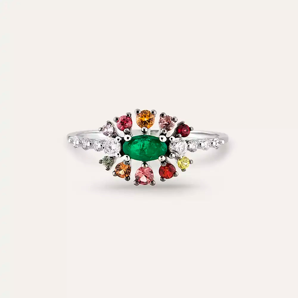 0.73 CT Multicolor Safir ve Zümrüt Taşlı Beyaz Altın Yüzük