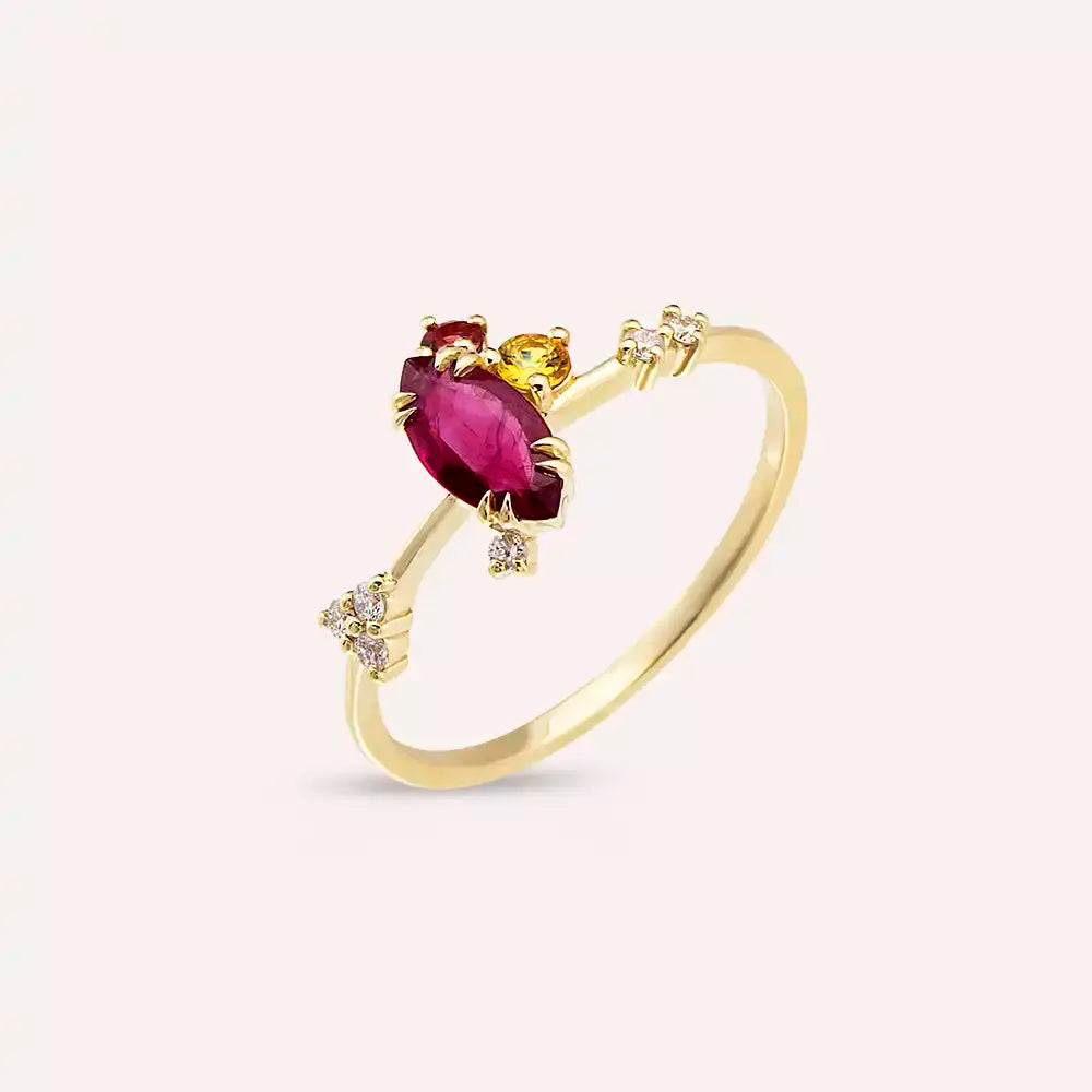 0.75 CT Yakut ve Multicolor Safir Taşlı Sarı Altın Yüzük