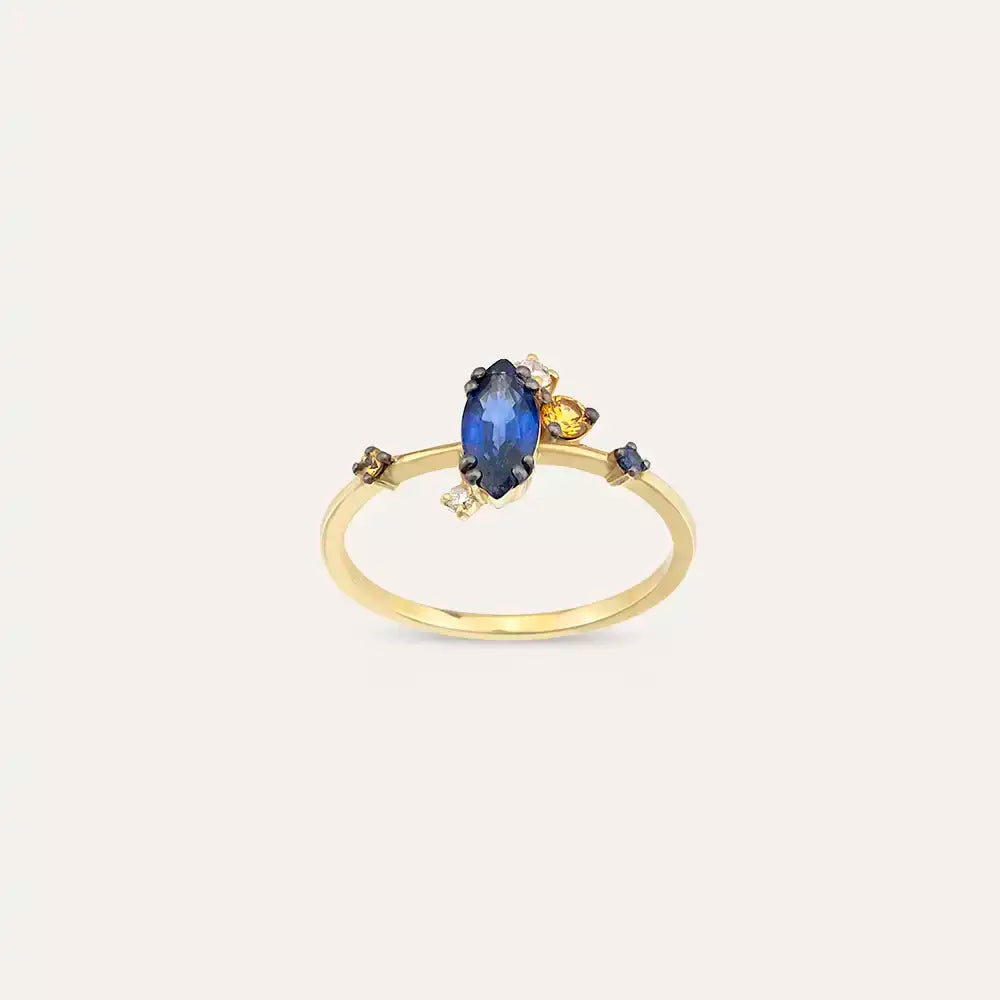 0.77 CT Pırlanta ve Multicolor Safir Taşlı Sarı Altın Yüzük