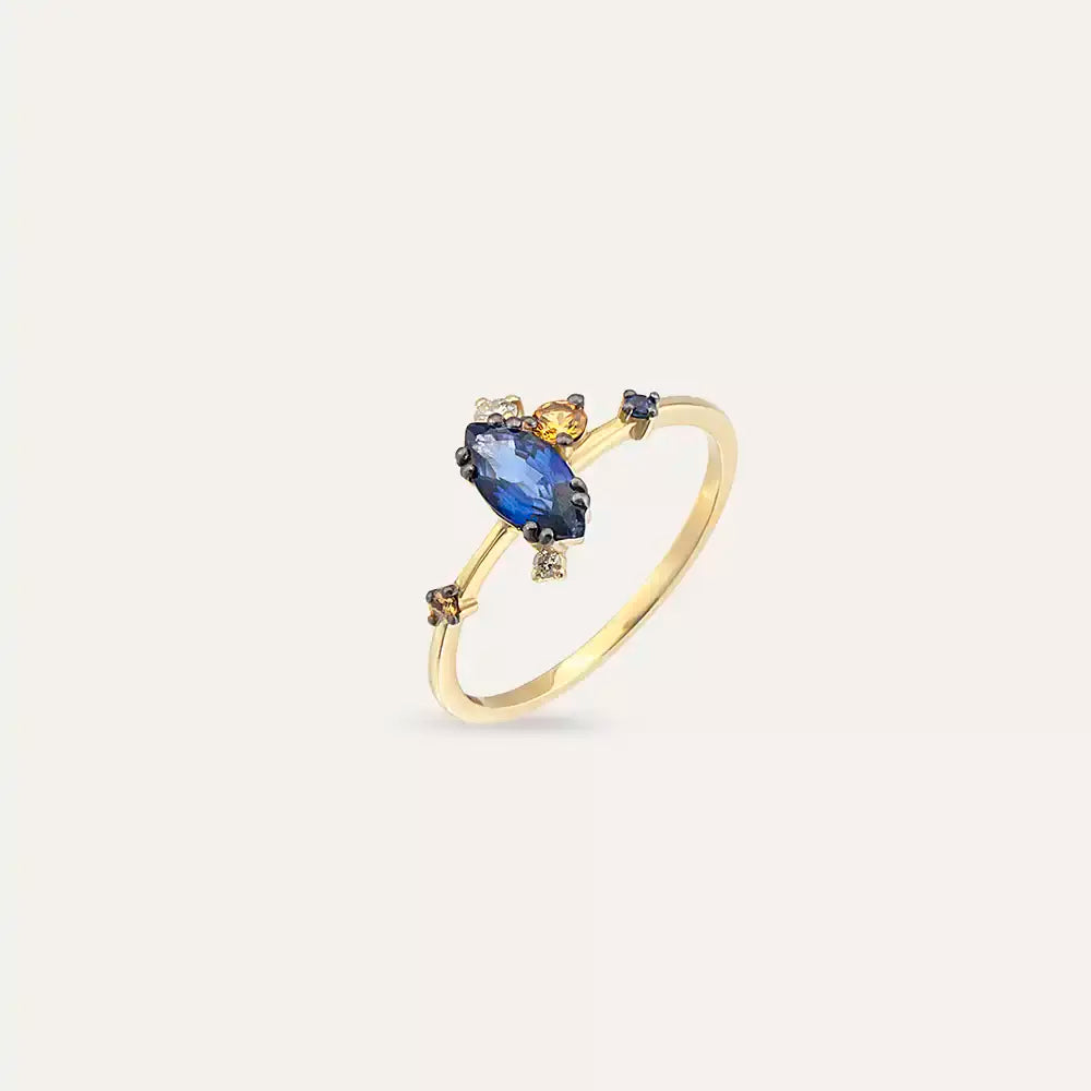 0.77 CT Pırlanta ve Multicolor Safir Taşlı Sarı Altın Yüzük