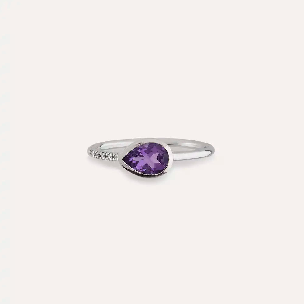 0.78 CT Damla Kesim Ametist ve Pırlanta Taşlı Beyaz Altın Yüzük