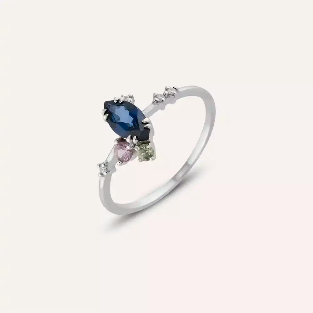 0.79 CT Yakut, Safir ve Pırlanta Taşlı Beyaz Altın Yüzük