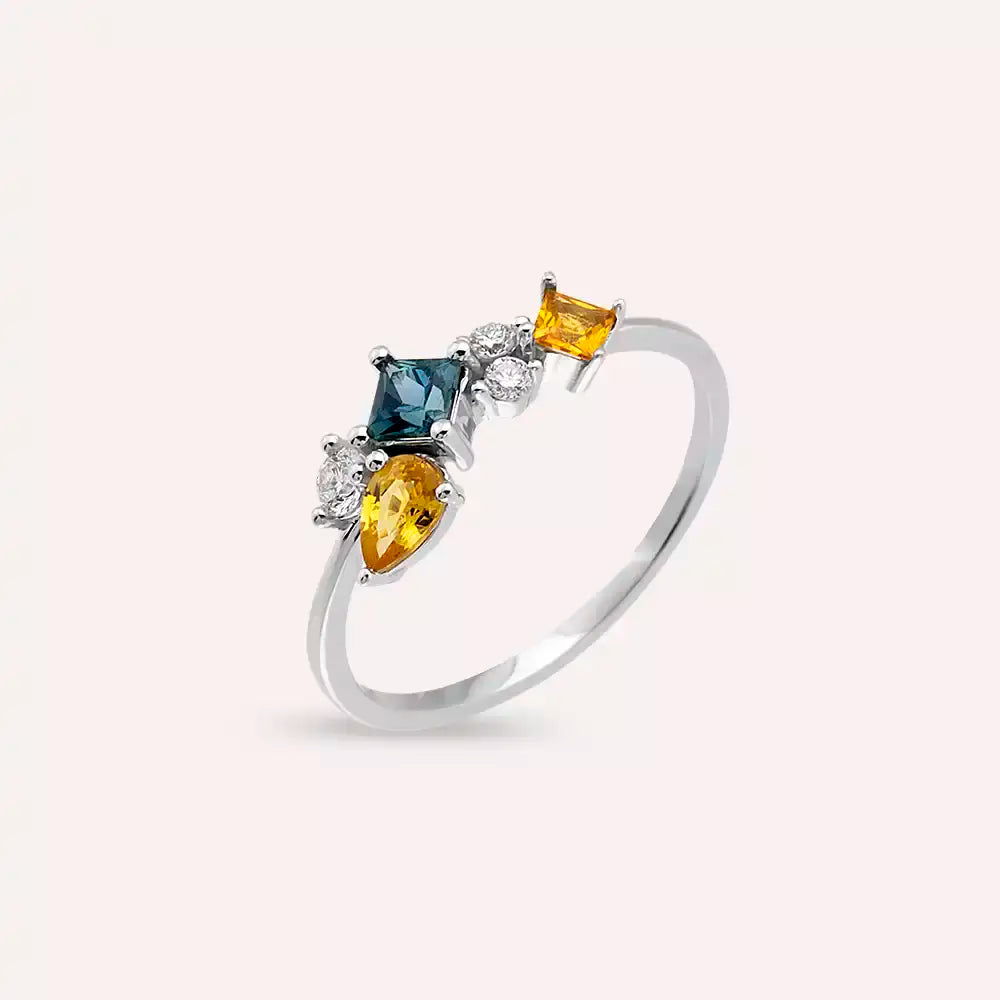 0.81 CT Multicolor Safir ve Pırlanta Taşlı Beyaz Altın Yüzük