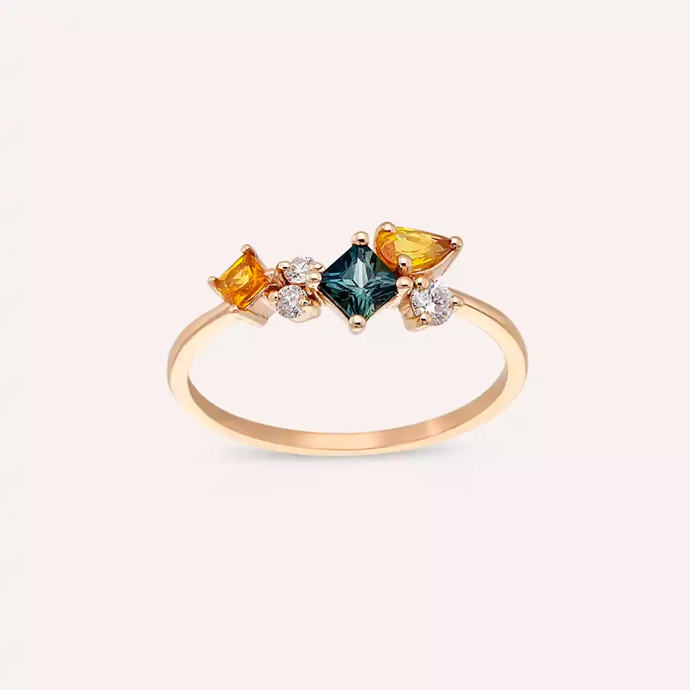 Lily 0.81 CT Multicolor Safir ve Pırlanta Taşlı Rose Altın Yüzük