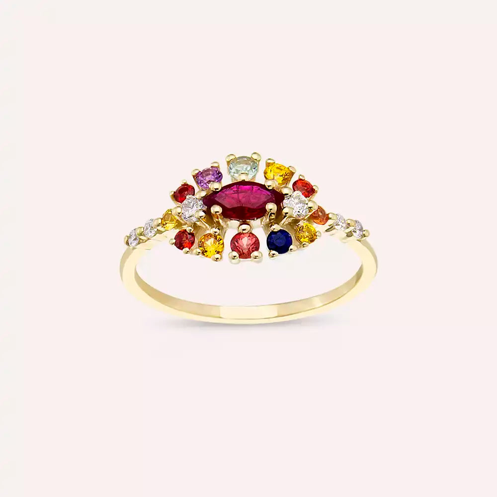 0.83 CT Multicolor Safir, Yakut ve Pırlanta Taşlı Sarı Altın Yüzük