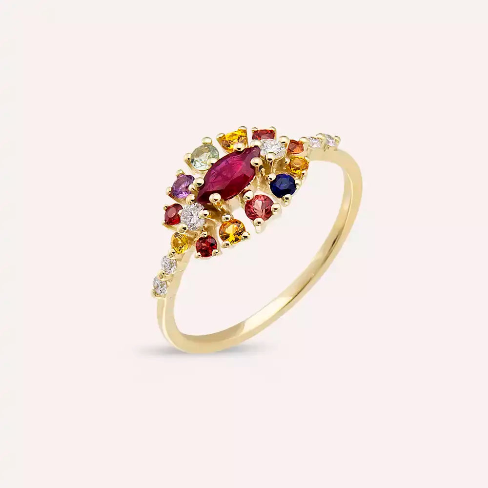 0.83 CT Multicolor Safir, Yakut ve Pırlanta Taşlı Sarı Altın Yüzük