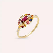 0.83 CT Multicolor Safir, Yakut ve Pırlanta Taşlı Sarı Altın Yüzük