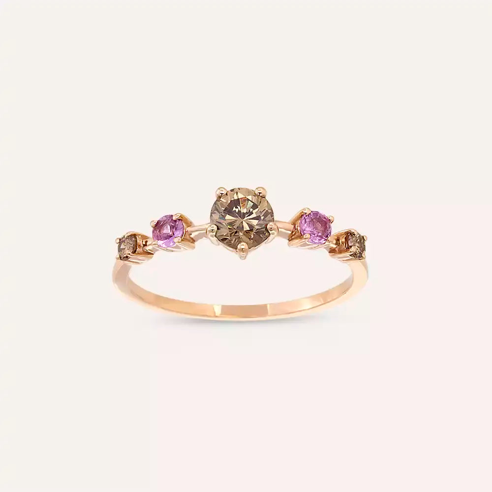 0.84 CT Brown Pırlanta ve Pink Safir Taşlı Rose Altın Yüzük