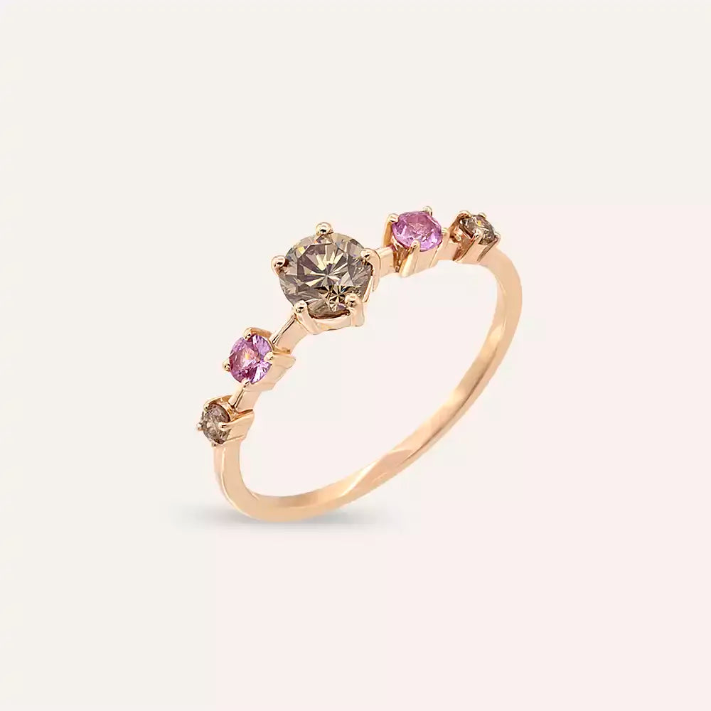 Chroma 0.84 CT Brown Pırlanta ve Pink Safir Taşlı Rose Altın Yüzük