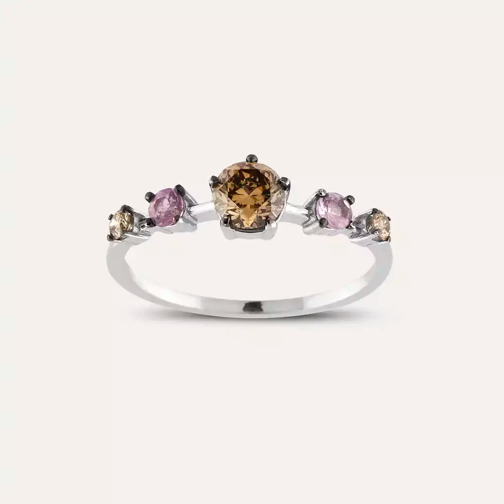 Chroma 0.85 CT Brown Pırlanta ve Pink Safir Taşlı Beyaz Altın Yüzük