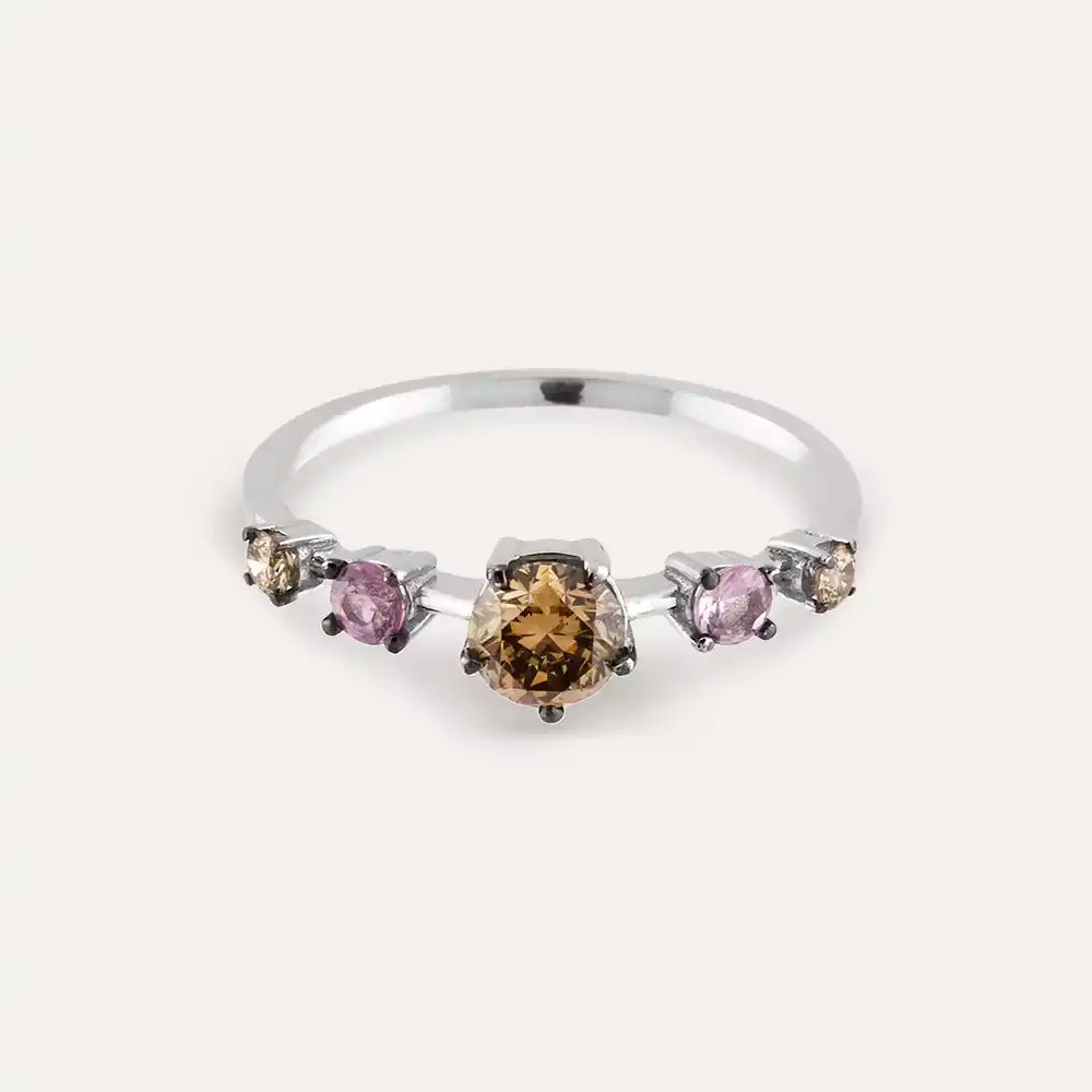 0.85 CT Brown Pırlanta ve Pink Safir Taşlı Beyaz Altın Yüzük
