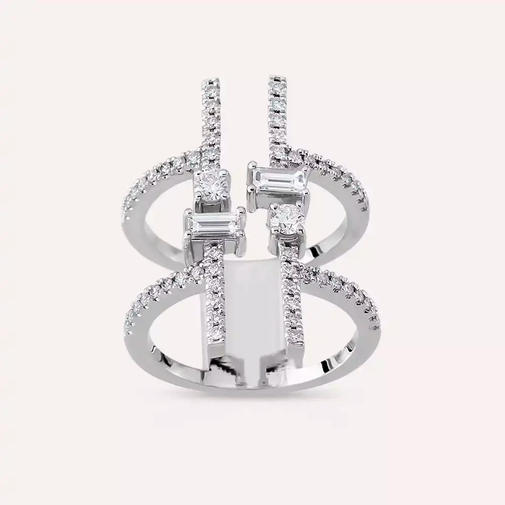 Vertex 0.87 CT Baget Pırlanta Taşlı Beyaz Altın Yüzük