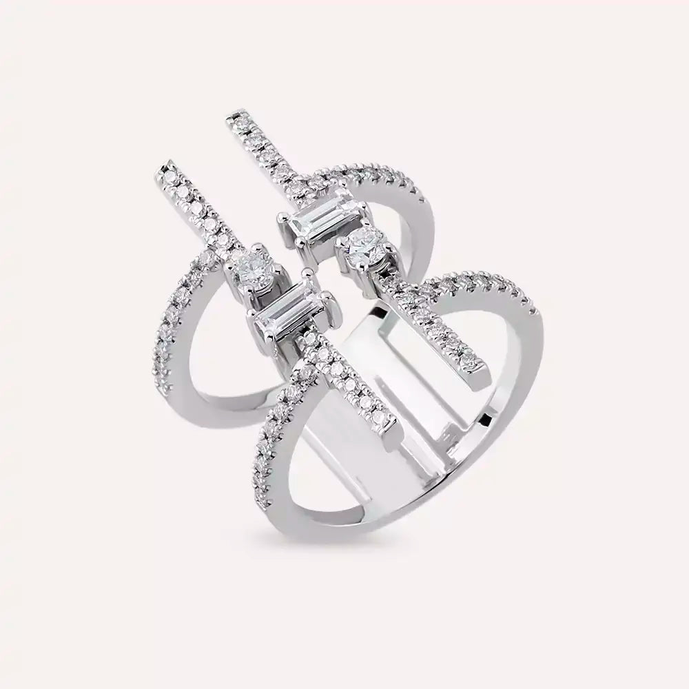 Vertex 0.87 CT Baget Pırlanta Taşlı Beyaz Altın Yüzük