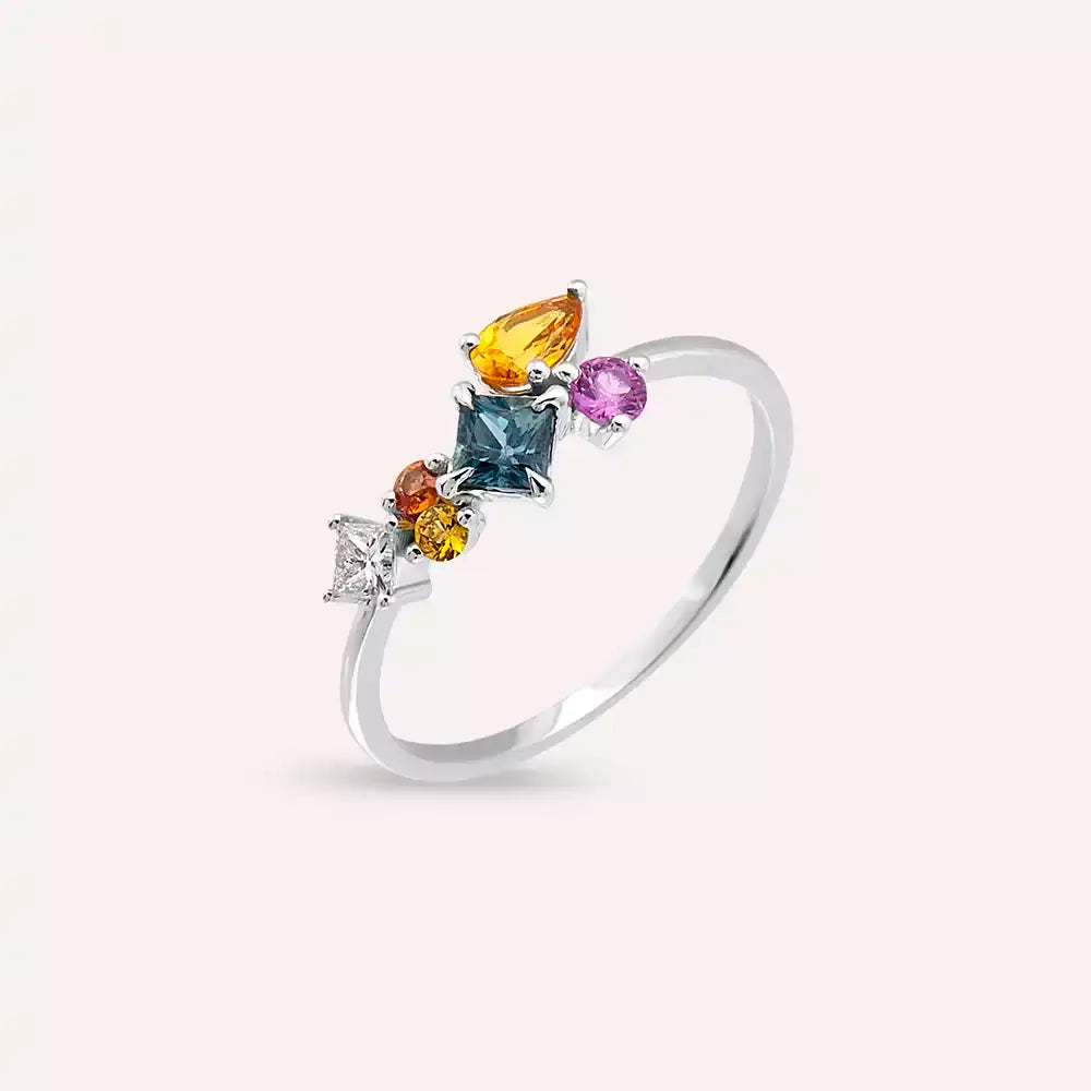 Lily 0.88 CT Multicolor Safir ve Pırlanta Taşlı Beyaz Altın Yüzük