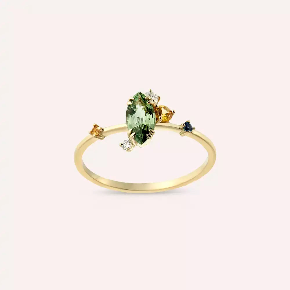0.88 CT Multicolor Safir ve Pırlanta Taşlı Sarı Altın Yüzük