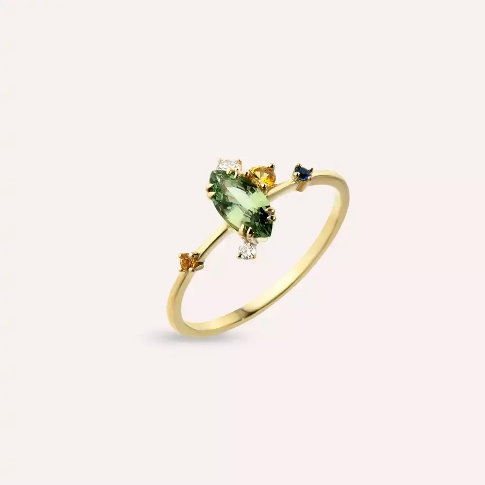 0.88 CT Multicolor Safir ve Pırlanta Taşlı Sarı Altın Yüzük