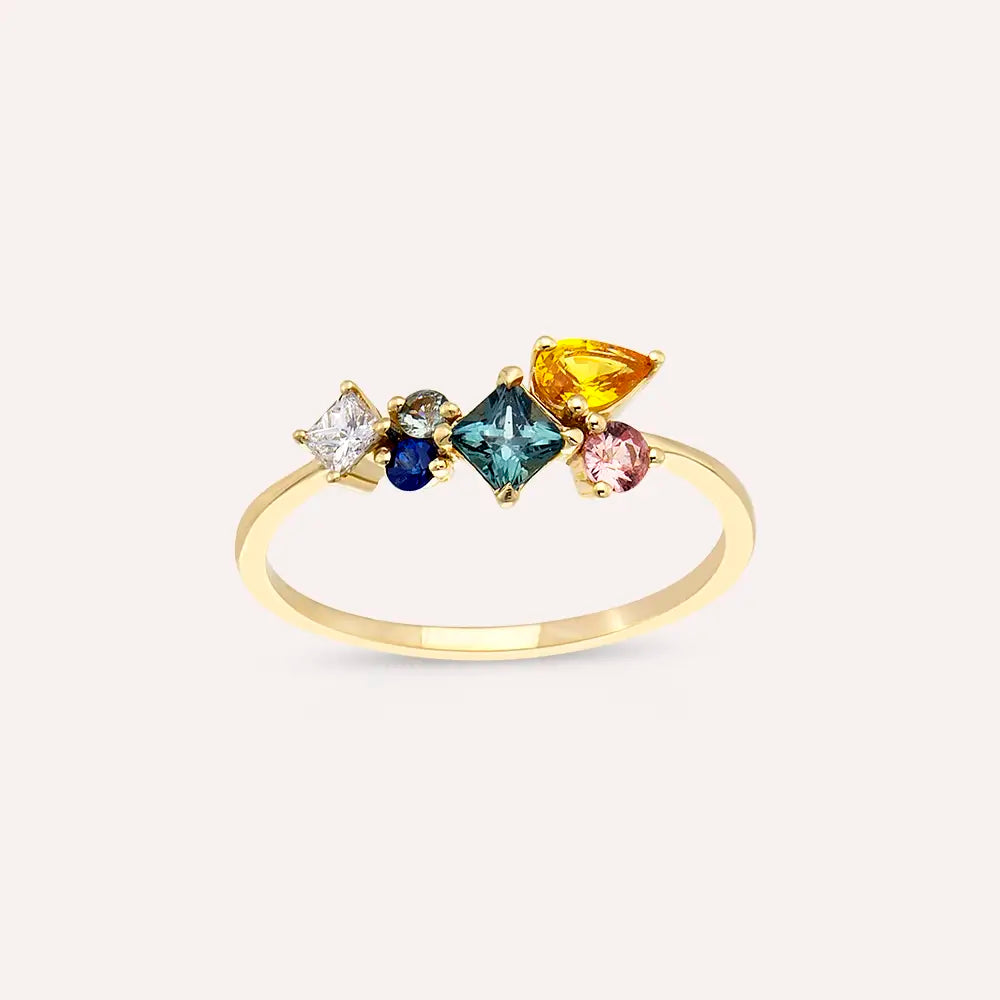 0.88 CT Multicolor Safir ve Pırlanta Taşlı Sarı Altın Yüzük