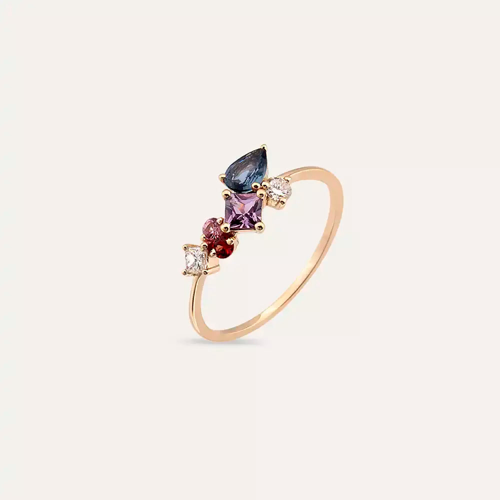 0.89 CT Multicolor Safir ve Pırlanta Taşlı Rose Altın Yüzük