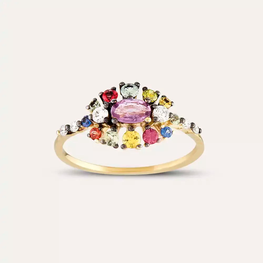 Pollen 0.90 CT Multicolor Safir Taşlı Rose Altın Yüzük