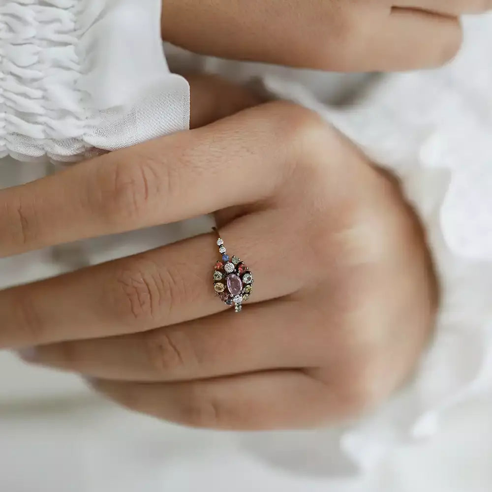 Pollen 0.90 CT Multicolor Safir Taşlı Rose Altın Yüzük