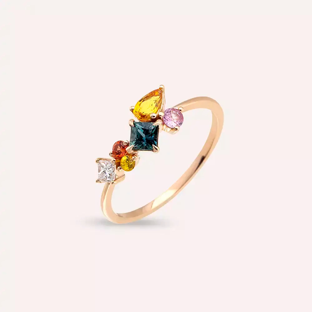 Lily 0.91 CT Multicolor Safir ve Pırlanta Taşlı Rose Altın Yüzük