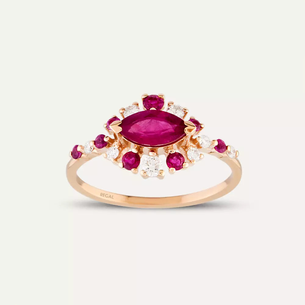 0.92 CT Yakut ve Pırlanta Taşlı Rose Altın Yüzük