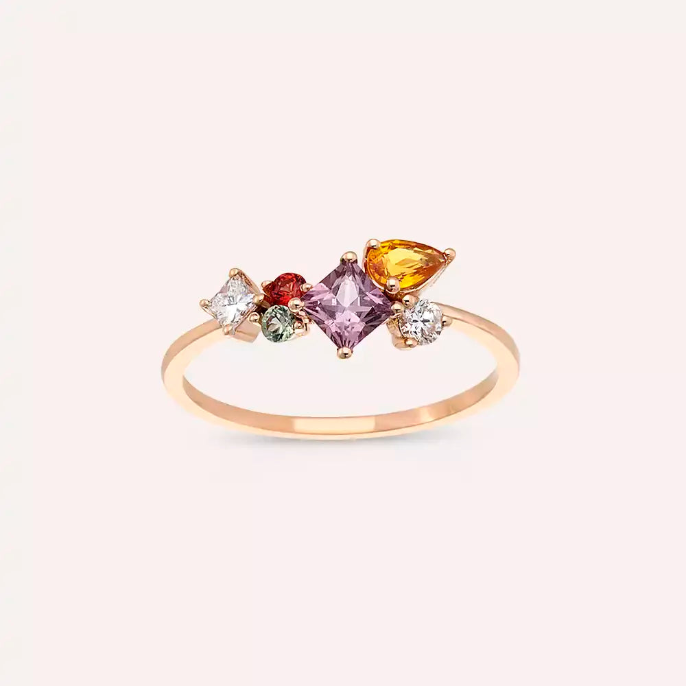 Lily 0.93 CT Pırlanta ve Multicolor Safir Taşlı Rose Altın Yüzük