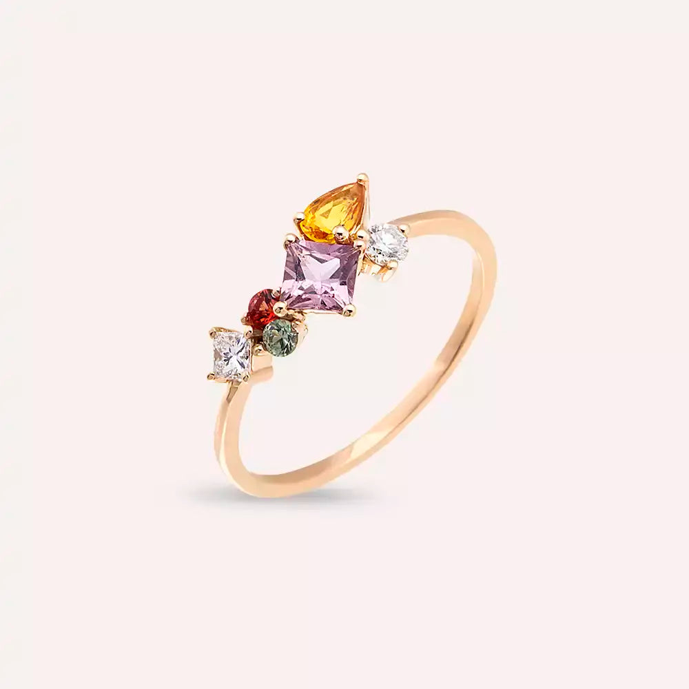 Lily 0.93 CT Pırlanta ve Multicolor Safir Taşlı Rose Altın Yüzük