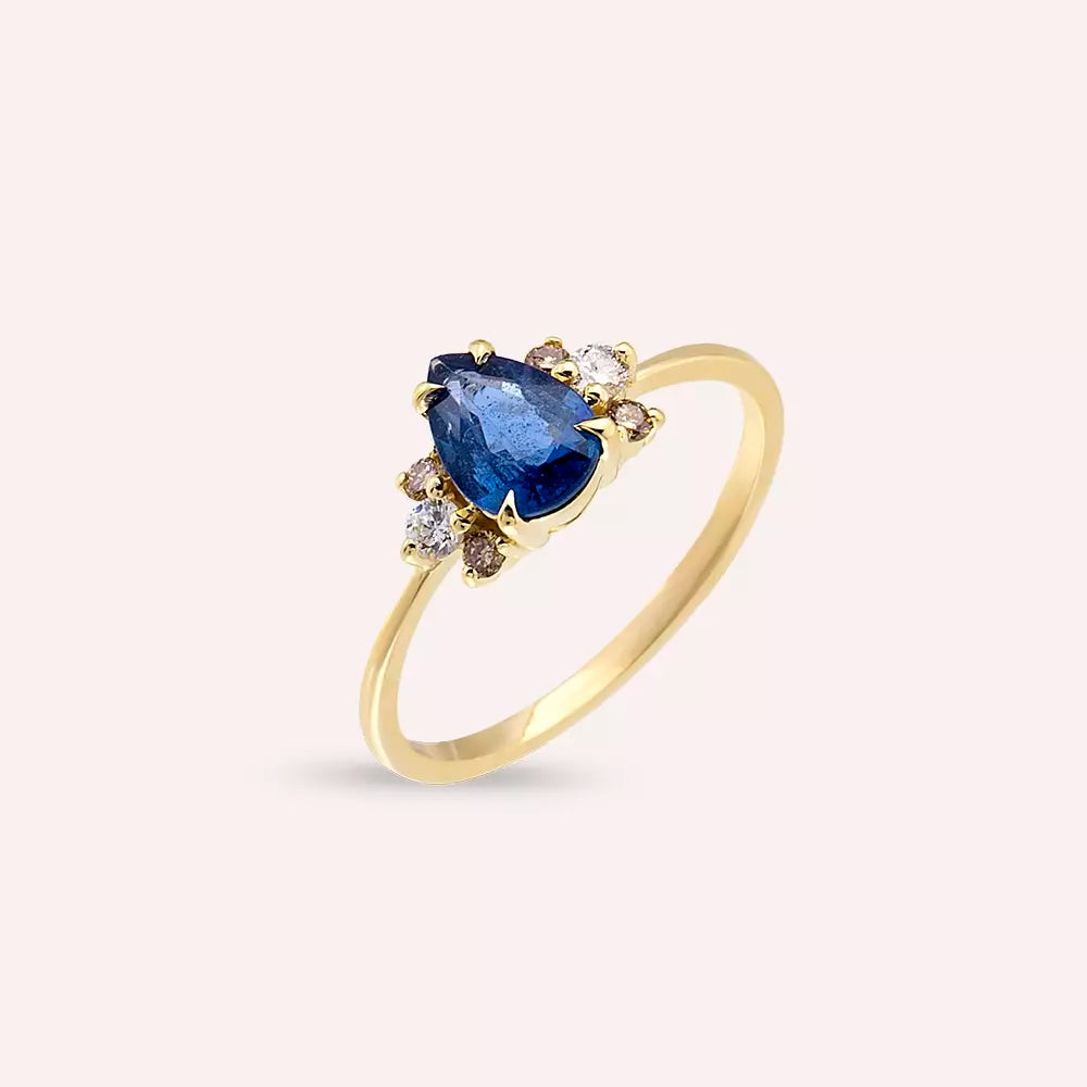 Dew 0.95 CT Blue Safir ve Brown Pırlanta Taşlı Sarı Altın Yüzük