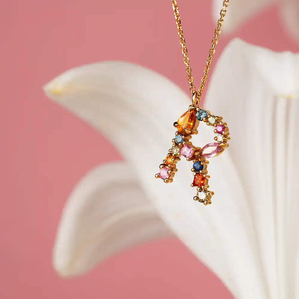 1.00 CT Brown Pırlanta ve Multicolor Safir Taşlı R Harf Kolye