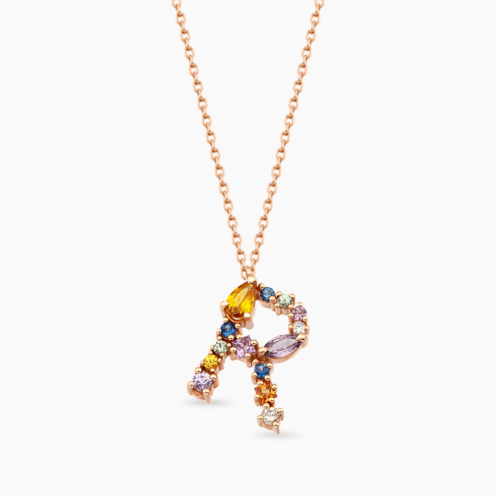 1.00 CT Brown Pırlanta ve Multicolor Safir Taşlı R Harf Kolye