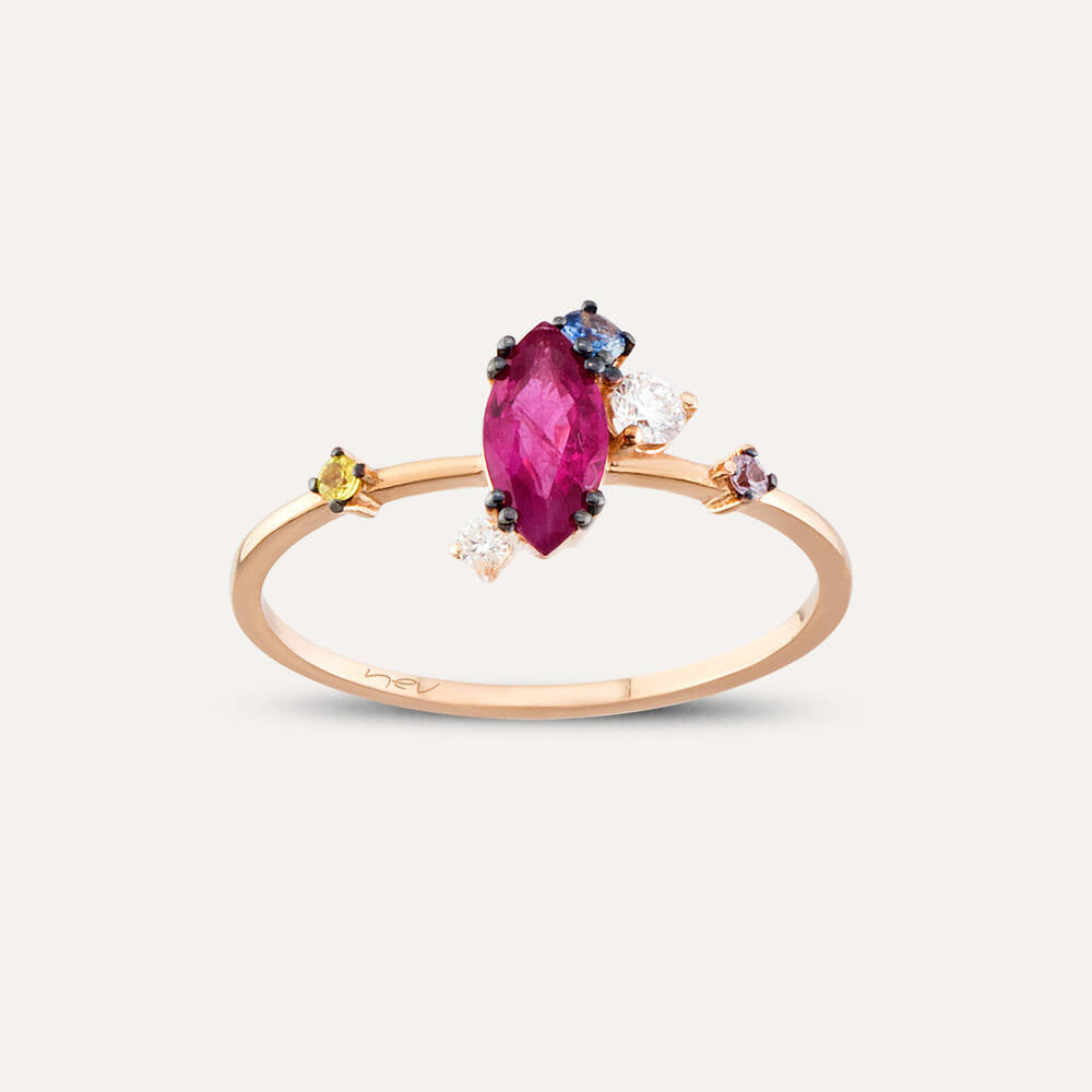 1.07 CT Yakut ve Multicolor Safir Taşlı Rose Altın Yüzük
