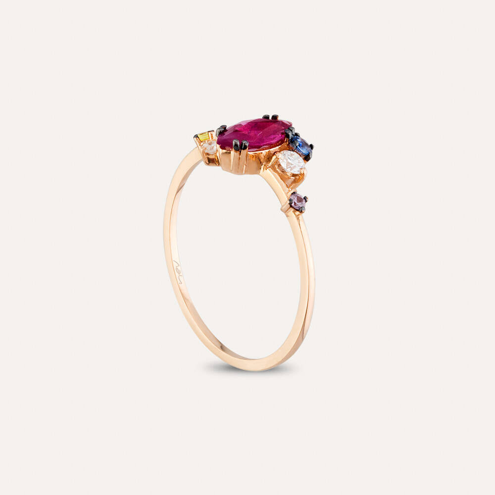 1.07 CT Yakut ve Multicolor Safir Taşlı Rose Altın Yüzük