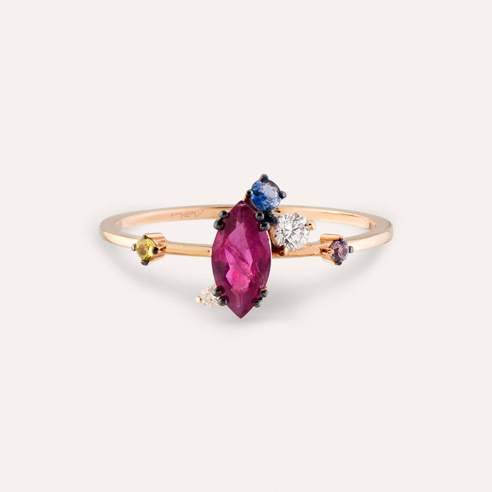 1.07 CT Yakut ve Multicolor Safir Taşlı Rose Altın Yüzük