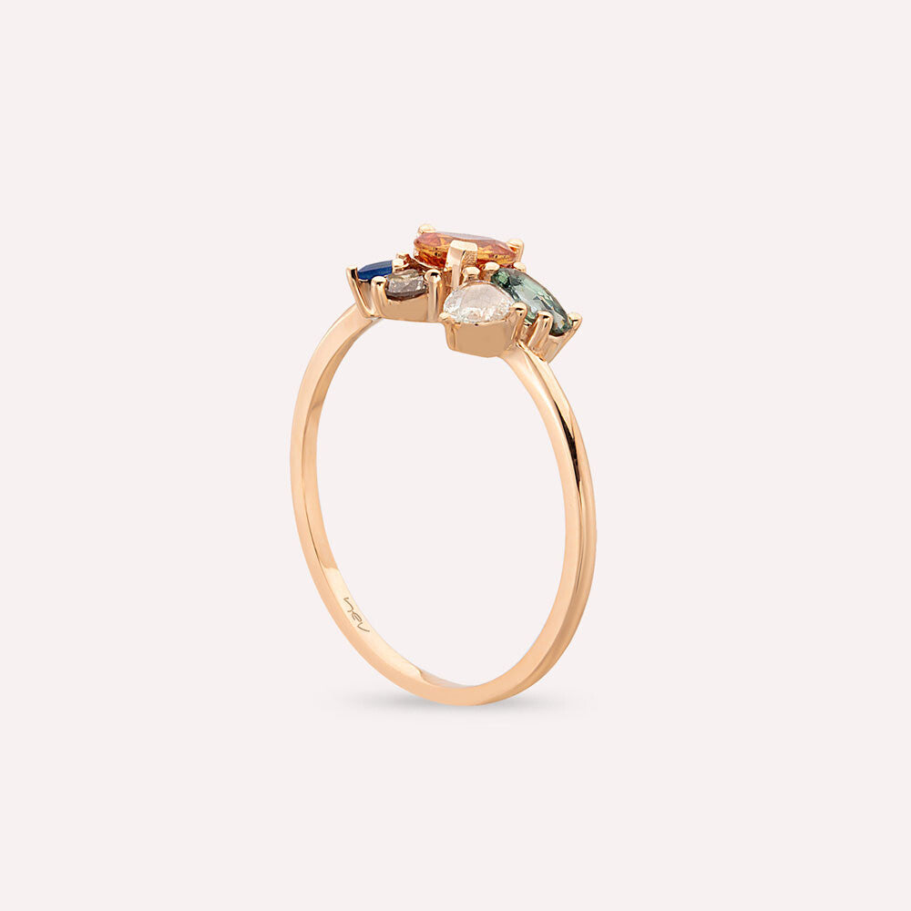1.27 CT Multicolor Safir, Elmas ve Zümrüt Taşlı Rose Altın Yüzük