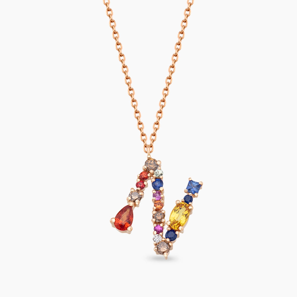 1.31 CT Brown Pırlanta ve Multicolor Safir Taşlı N Harf Kolye