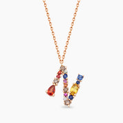 1.31 CT Brown Pırlanta ve Multicolor Safir Taşlı N Harf Kolye
