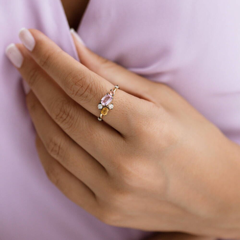 1.47 CT Multicolor Safir ve Pırlanta Taşlı Sarı Altın Yüzük