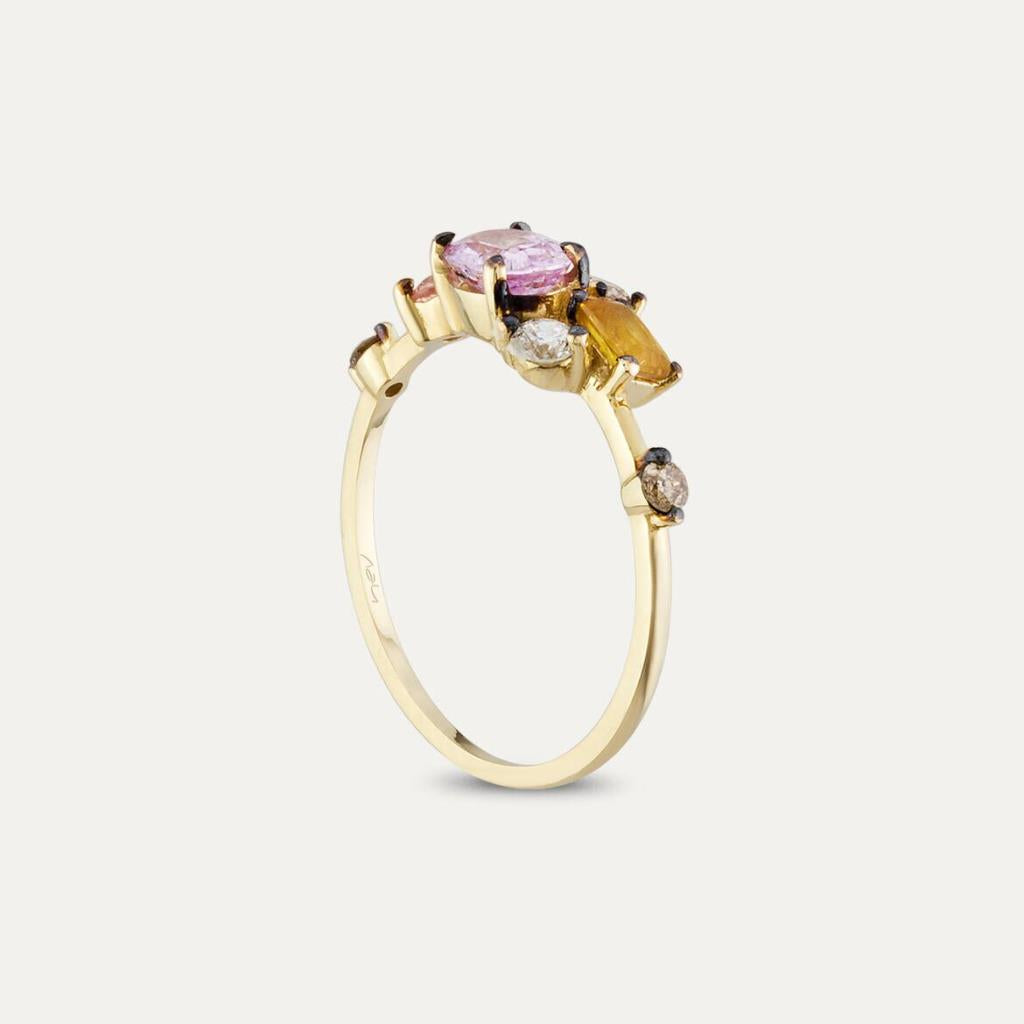 1.47 CT Multicolor Safir ve Pırlanta Taşlı Sarı Altın Yüzük