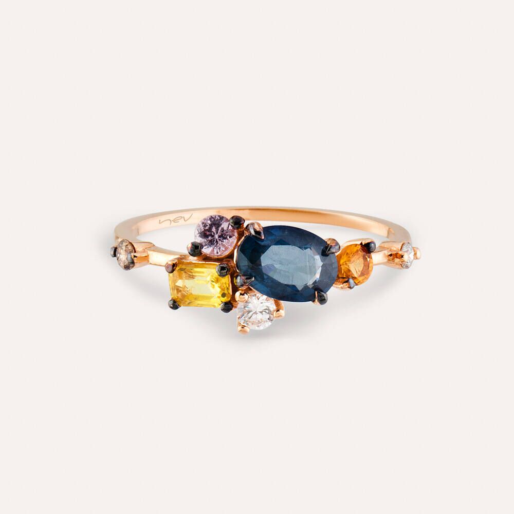 1.54 CT Multicolor Safir ve Pırlanta Taşlı Rose Altın Yüzük
