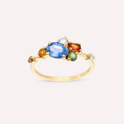 1.60 CT Multicolor Safir ve Pırlanta Taşlı Sarı Altın Yüzük