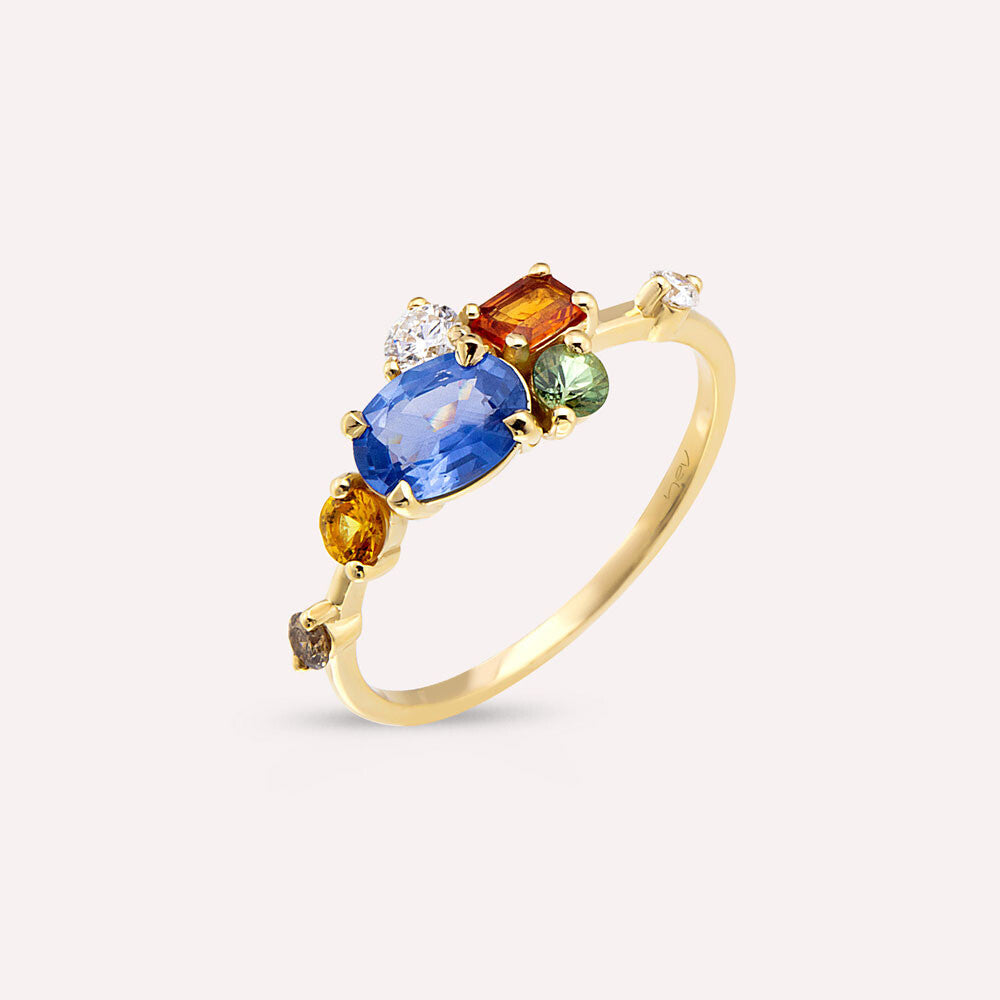 1.60 CT Multicolor Safir ve Pırlanta Taşlı Sarı Altın Yüzük