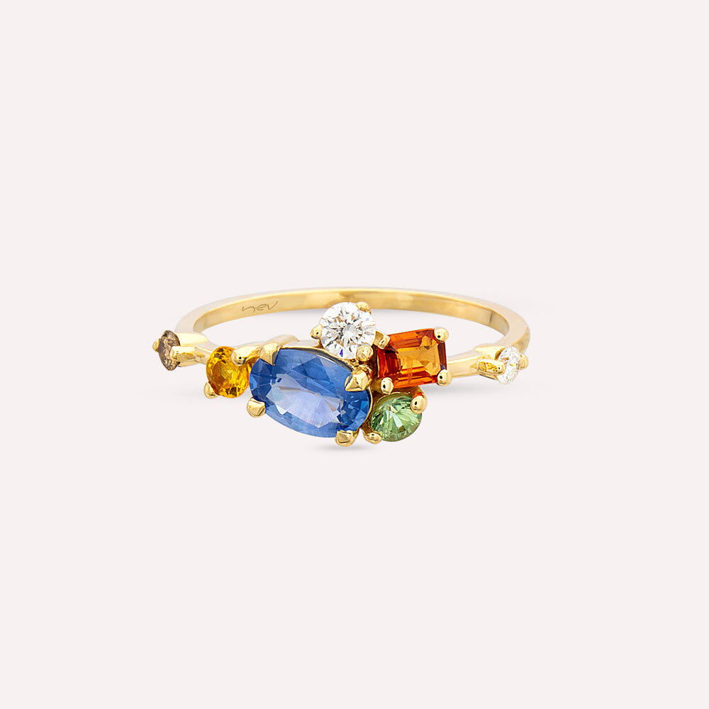 1.60 CT Multicolor Safir ve Pırlanta Taşlı Sarı Altın Yüzük