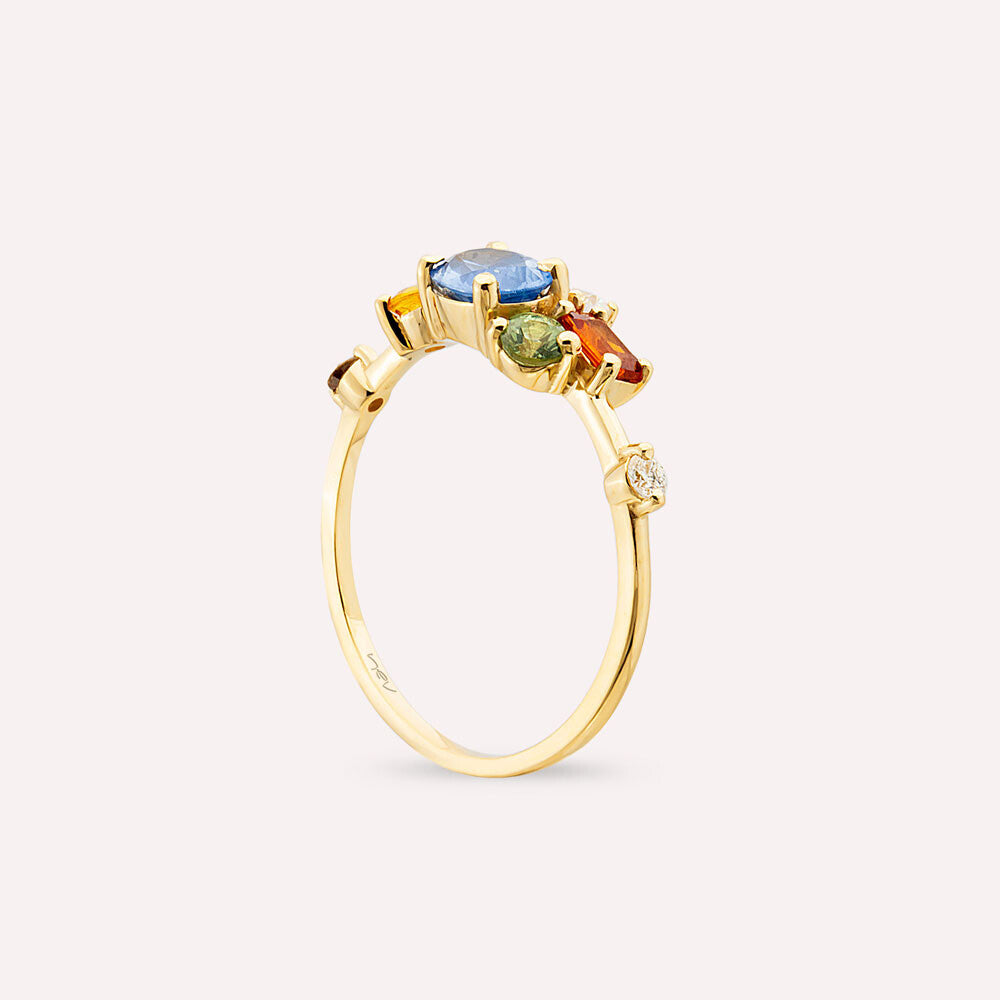 1.60 CT Multicolor Safir ve Pırlanta Taşlı Sarı Altın Yüzük