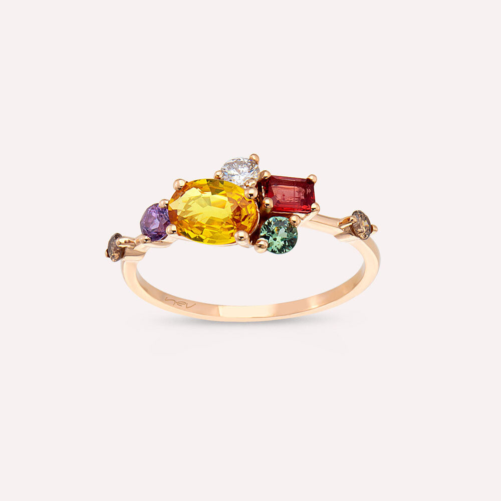 1.61 CT Multicolor Safir ve Brown Pırlanta Taşlı Rose Altın Yüzük