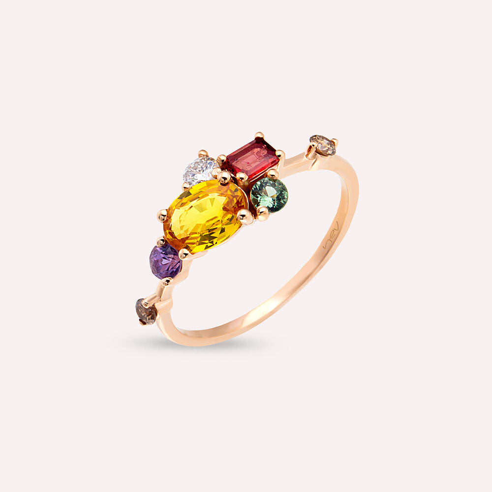 1.61 CT Multicolor Safir ve Brown Pırlanta Taşlı Rose Altın Yüzük